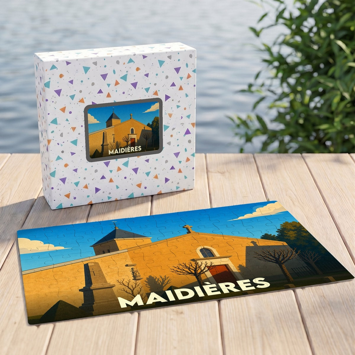 Puzzle souvenir de la ville de Maidières illustrant une église stylisée sous un ciel bleu.