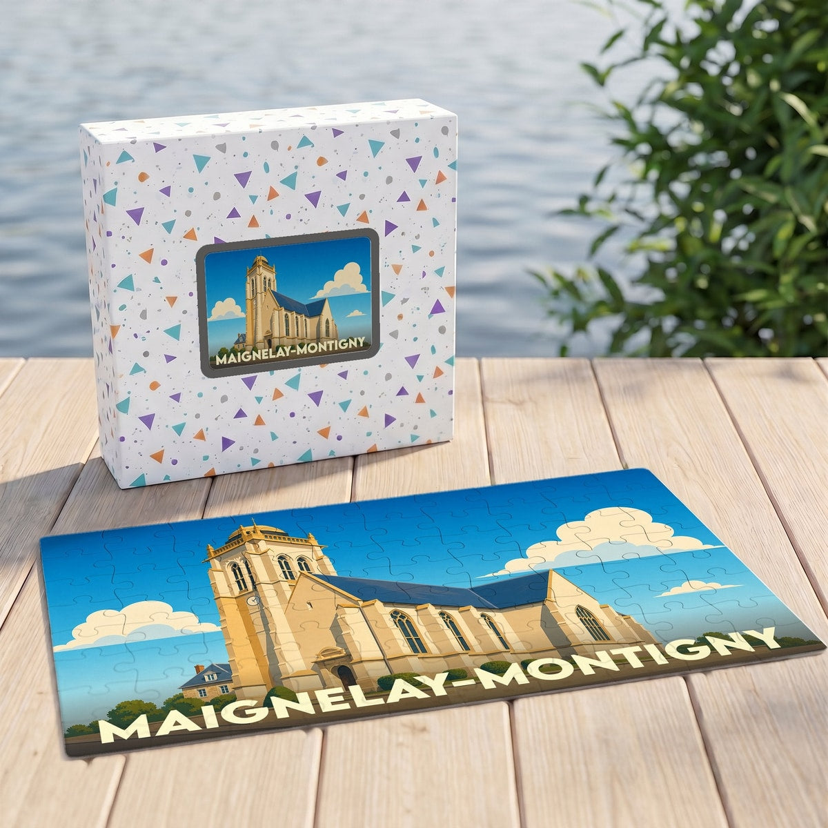 Puzzle souvenir de la ville de Maignelay-Montigny avec une illustration stylisée de son église.