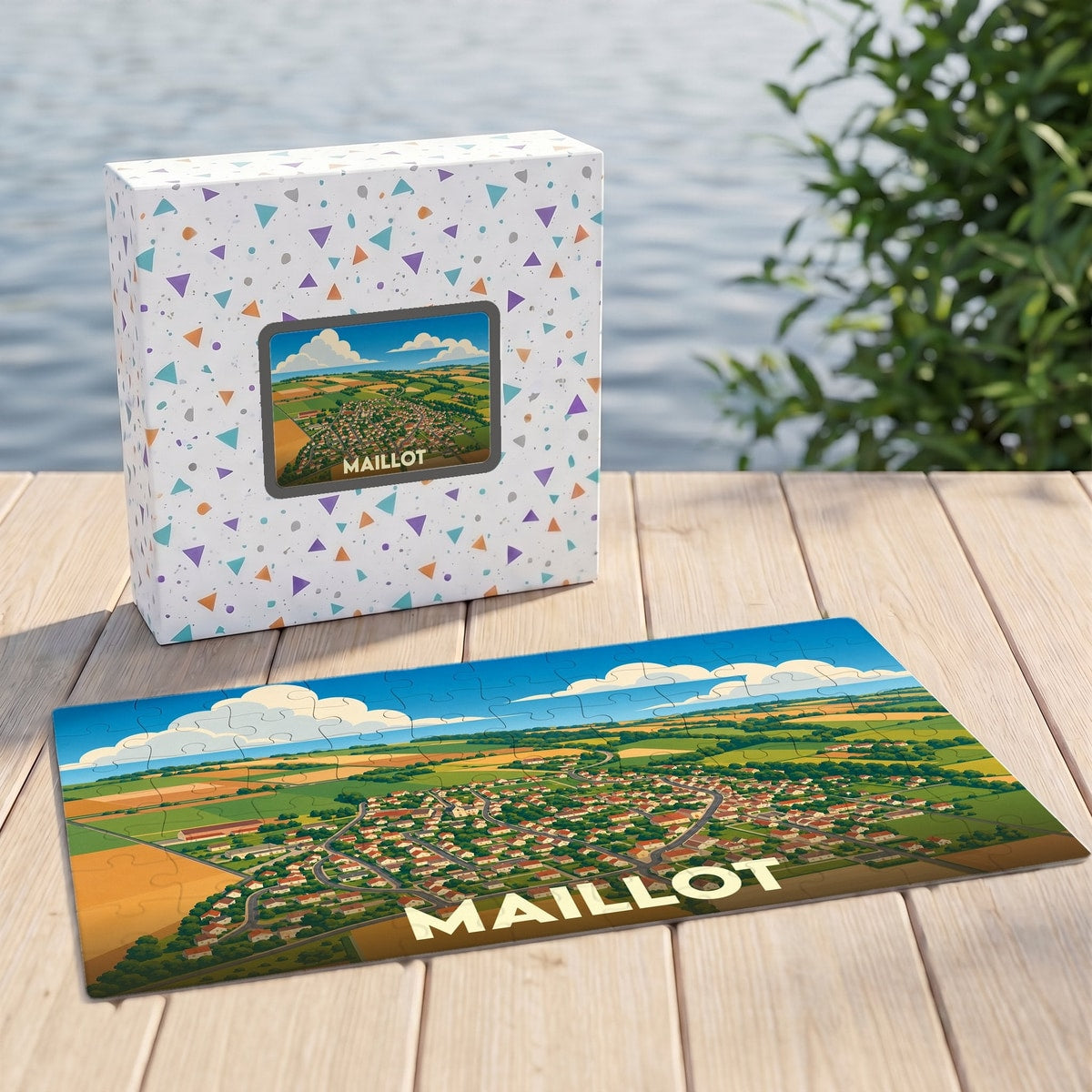 Puzzle souvenir de la ville de Maillot avec une illustration panoramique stylisée.