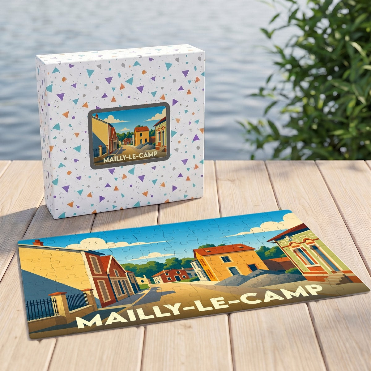 Puzzle souvenir de la ville de Mailly-le-Camp avec une illustration stylisée et colorée.