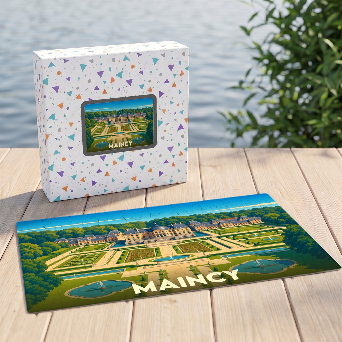 Puzzle souvenir de la ville de Maincy avec une illustration stylisée de son château.