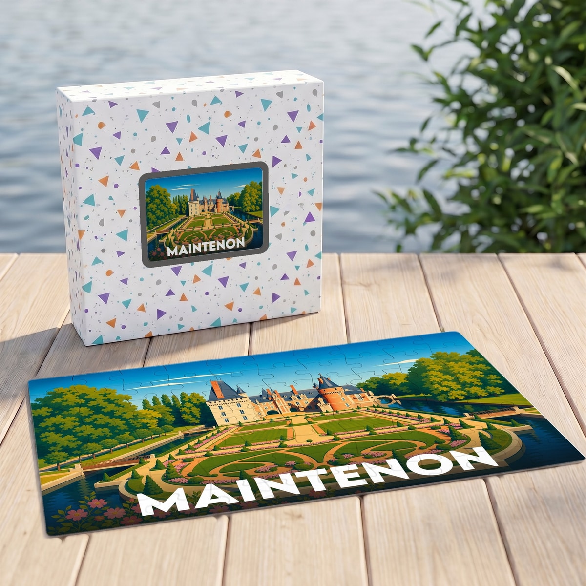 Puzzle souvenir de la ville de Maintenon avec une illustration stylisée du château et de ses jardins.