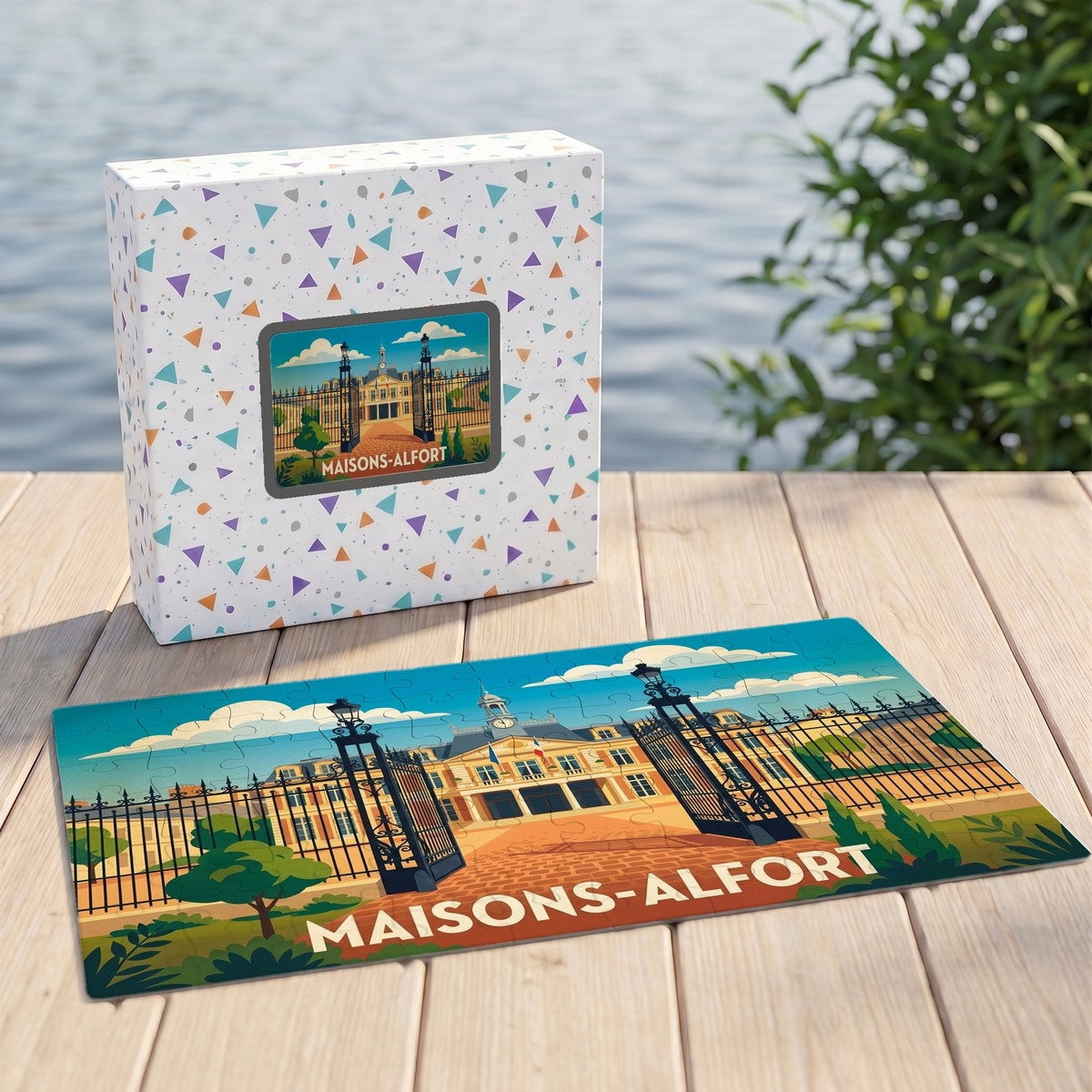 Puzzle souvenir de la ville de Maisons-Alfort avec une illustration stylisée de l'hôtel de ville.