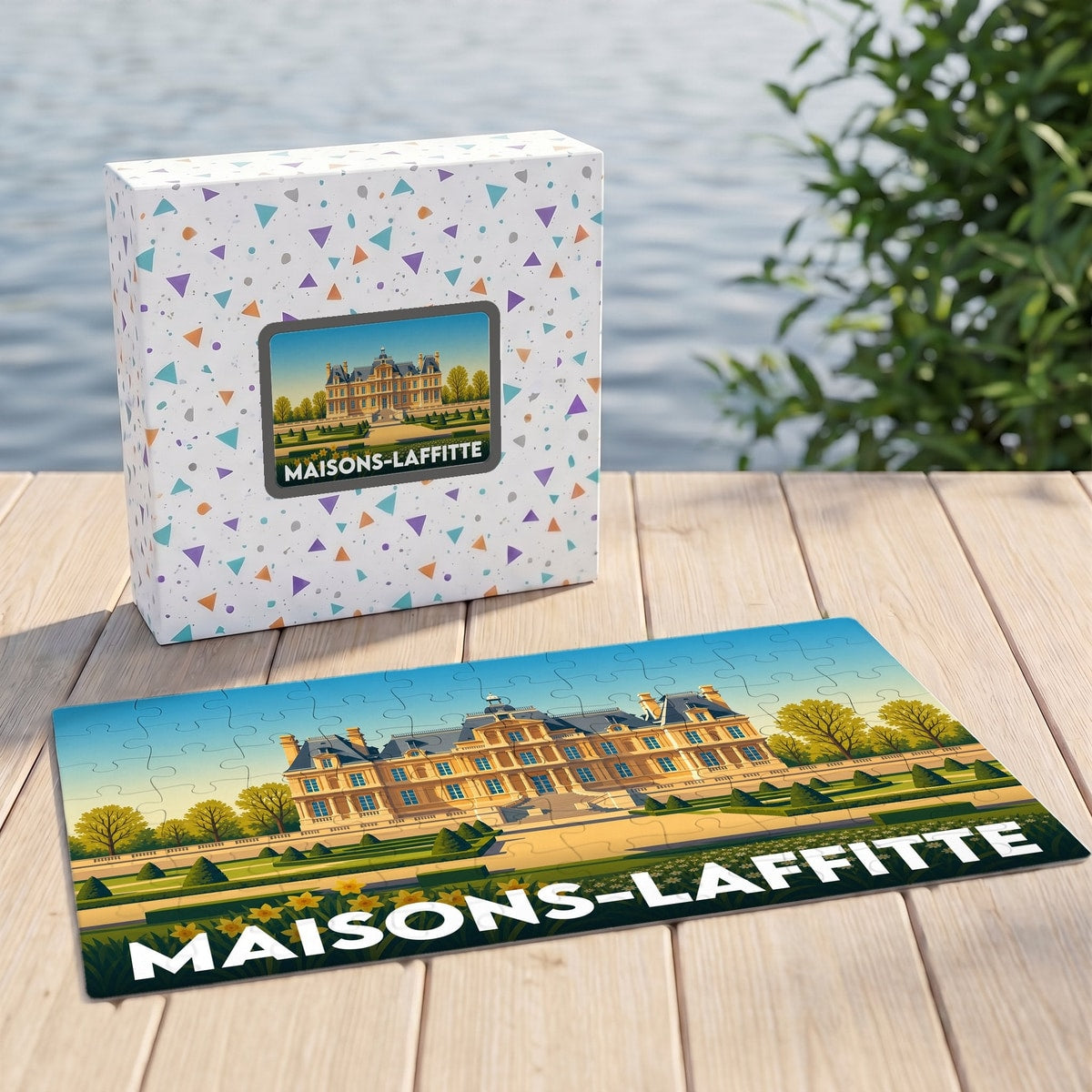 Puzzle souvenir de la ville de Maisons-Laffitte avec une illustration stylisée de son château et de son parc.