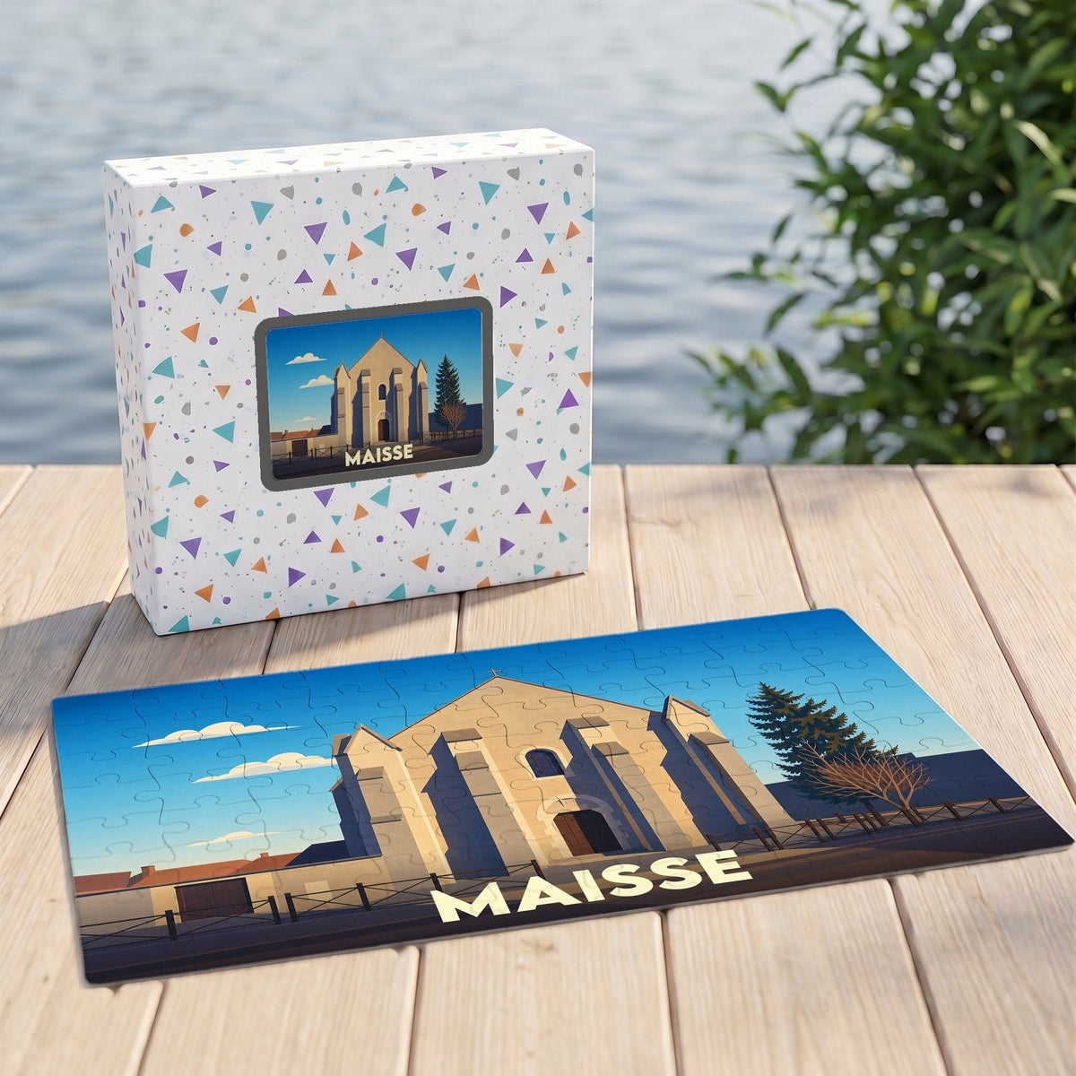 Puzzle souvenir de la ville de Maisse avec une illustration stylisée de son église.