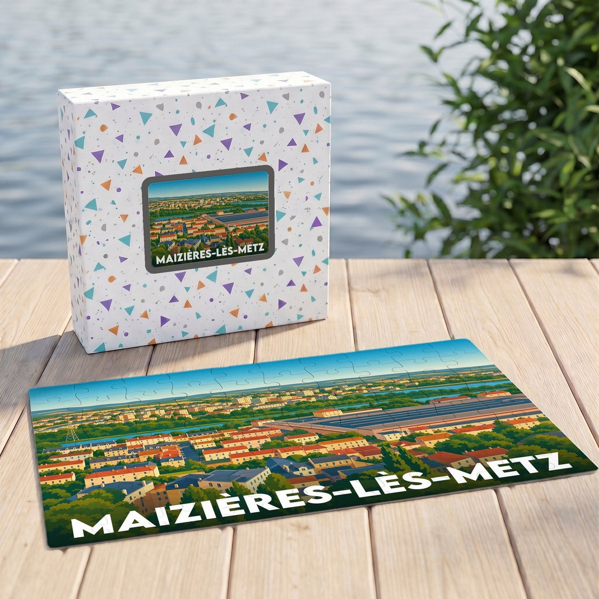 Puzzle souvenir de la ville de Maizières-lès-Metz avec une illustration panoramique stylisée.