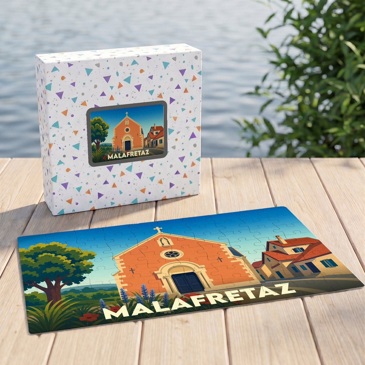 Puzzle souvenir de la ville de Malafretaz avec une illustration stylisée d'une église et de maisons.