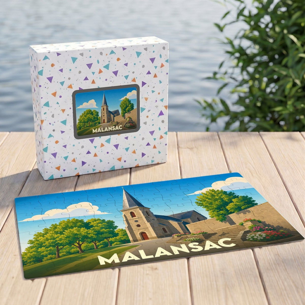 Puzzle souvenir de la ville de Malansac avec une illustration stylisée de son église et de son paysage.