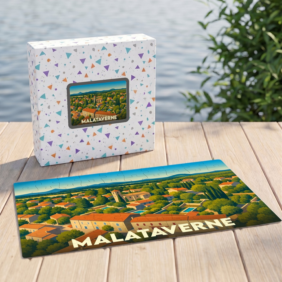 Puzzle souvenir de la ville de Malataverne représentant une vue panoramique illustrée dans son coffret.