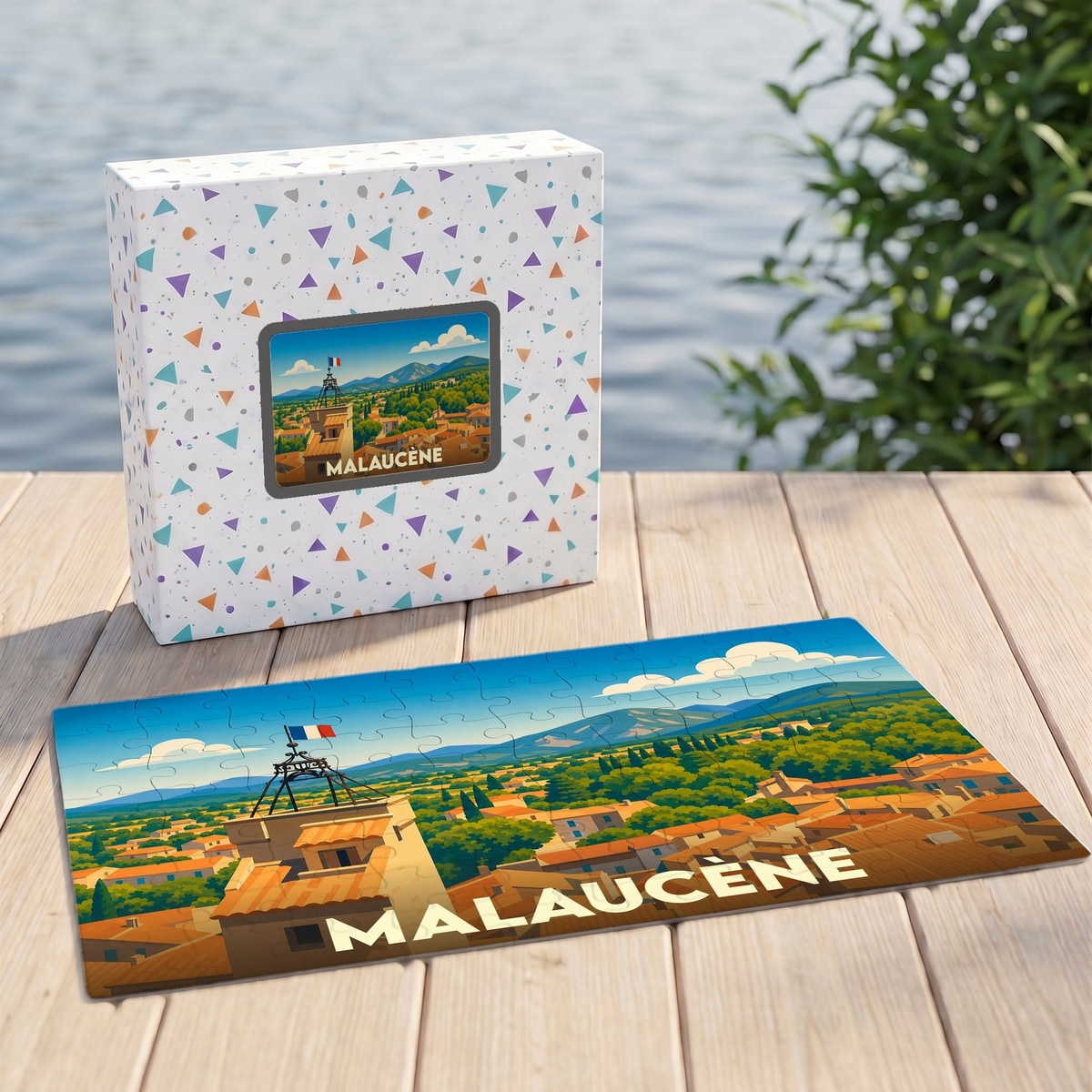 Puzzle souvenir de la ville de Malaucène avec une illustration stylisée d'un paysage provençal.
