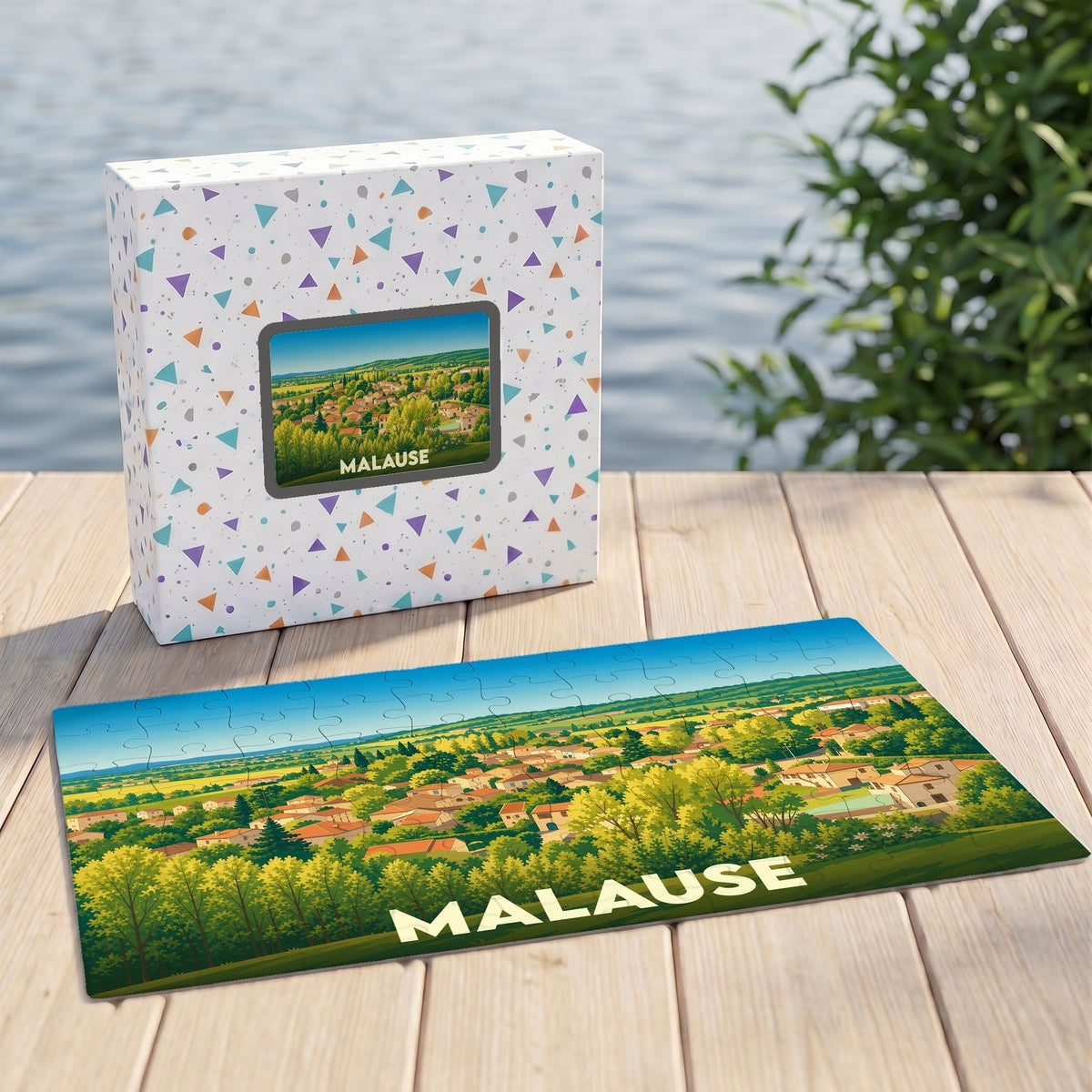 Puzzle souvenir de la ville de Malause avec une illustration stylisée de son paysage.
