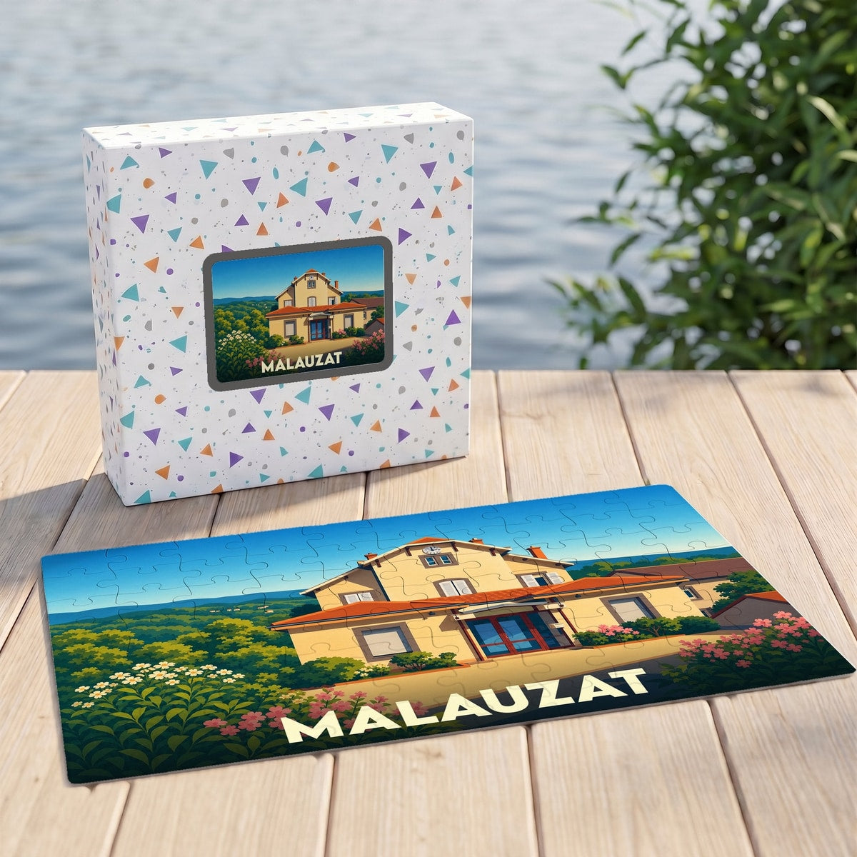 Puzzle souvenir de la ville de Malauzat avec une illustration stylisée d'un bâtiment provençal.