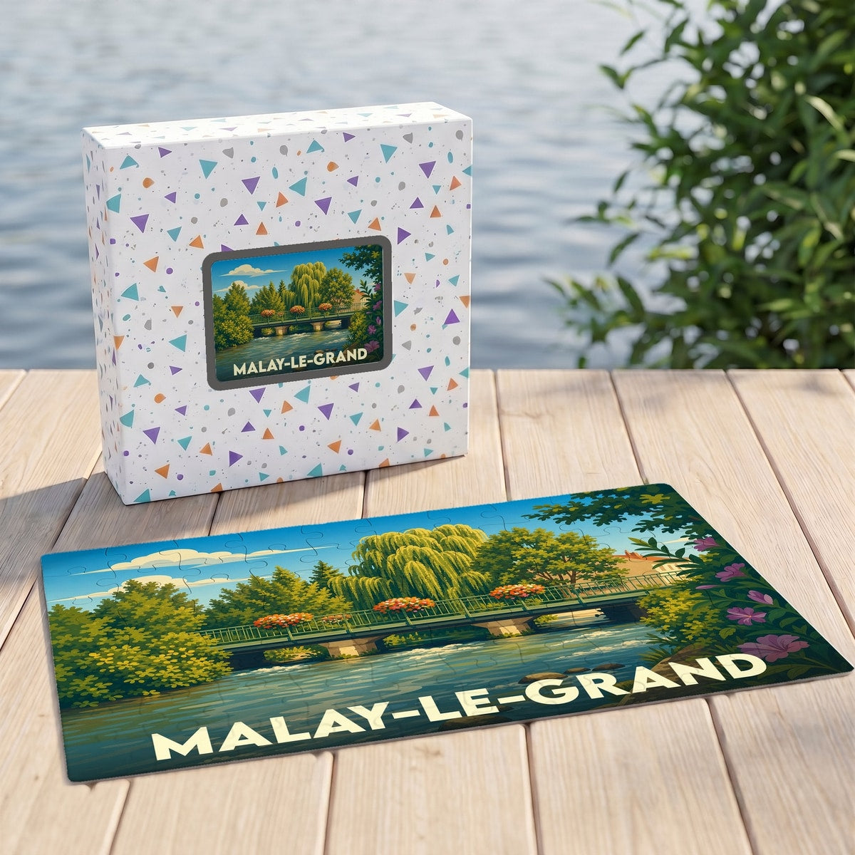 Puzzle souvenir de la ville de Malay-le-Grand avec une illustration stylisée d'un pont fleuri.