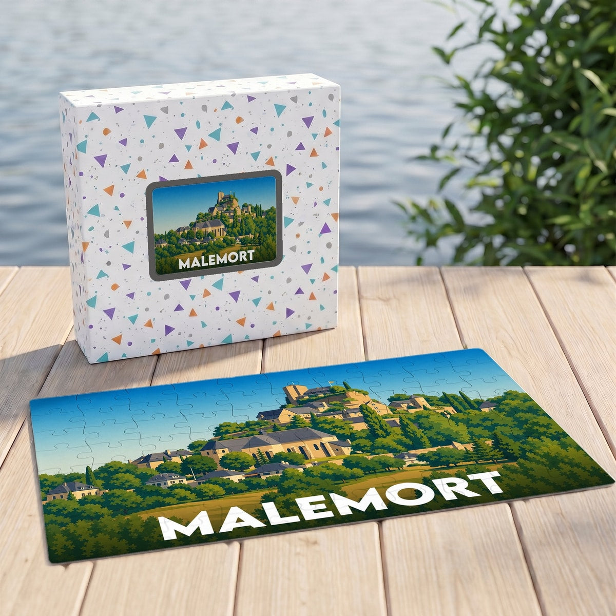 Puzzle souvenir de la ville de Malemort avec une illustration stylisée de son paysage urbain.