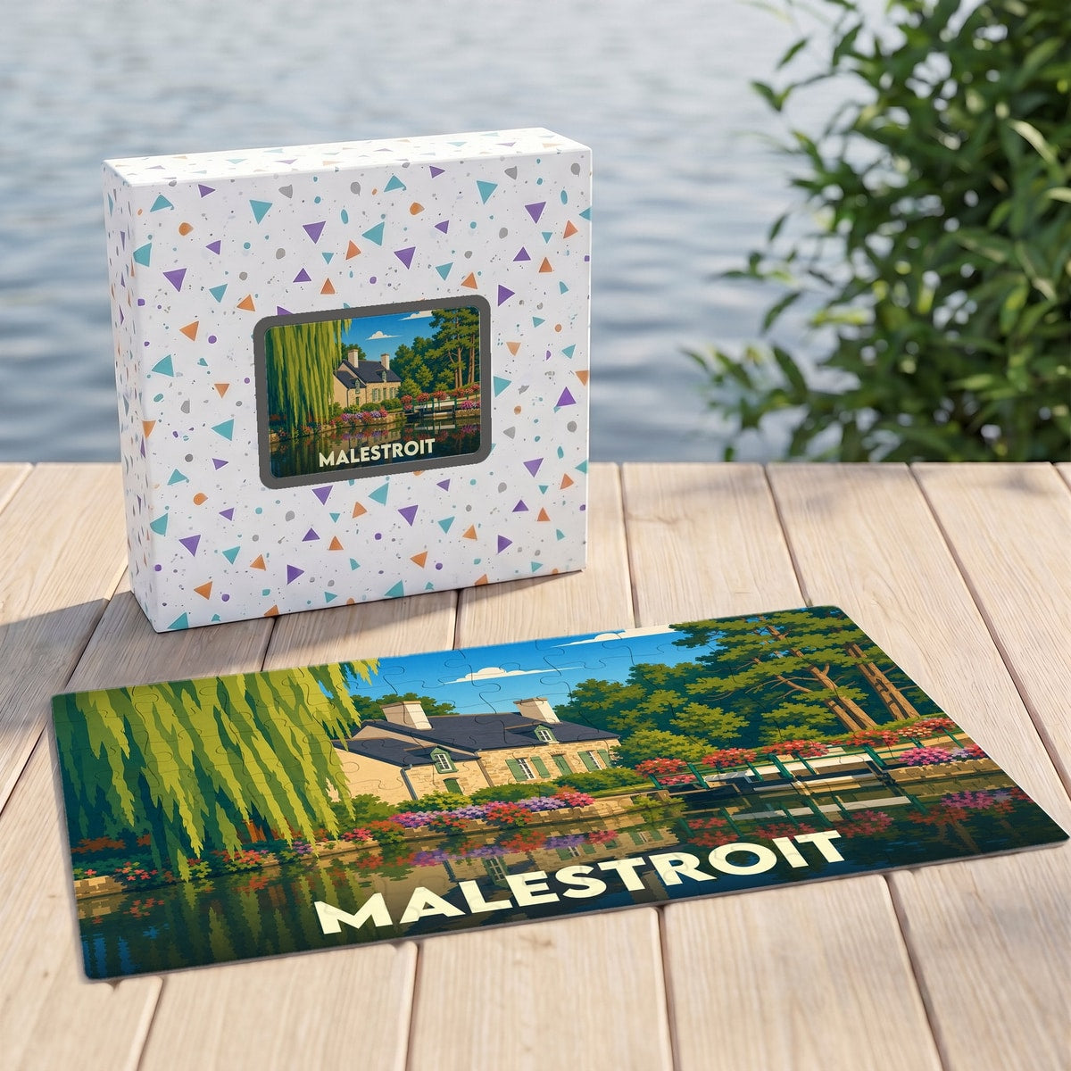 Puzzle souvenir de la ville de Malestroit avec une illustration stylisée d'un paysage fluvial.
