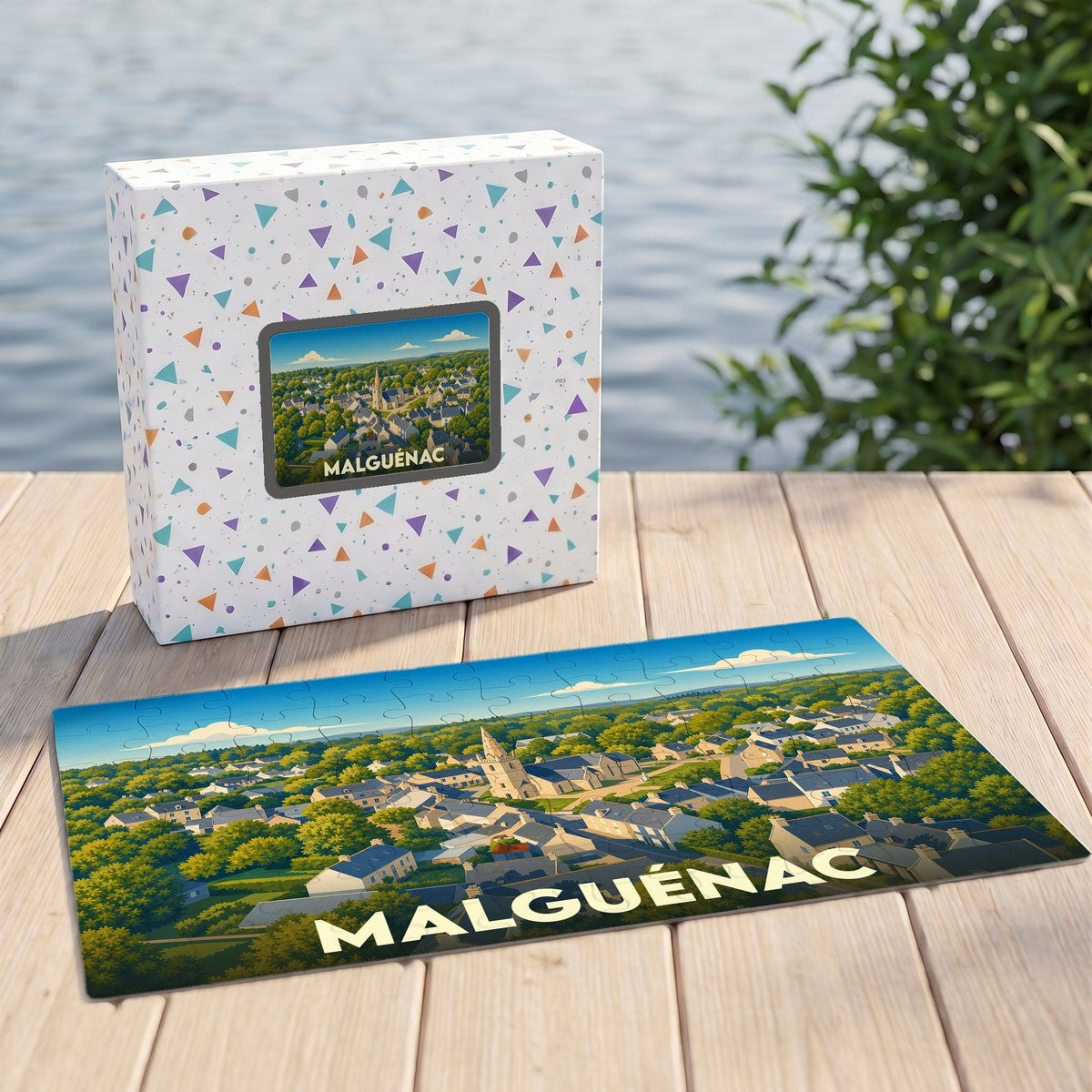 Puzzle souvenir de la ville de Malguénac avec une illustration de paysage urbain vue du ciel.
