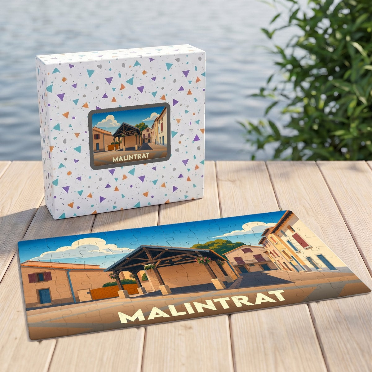 Puzzle souvenir de la ville de Malintrat avec une illustration stylisée et sa boîte assortie.