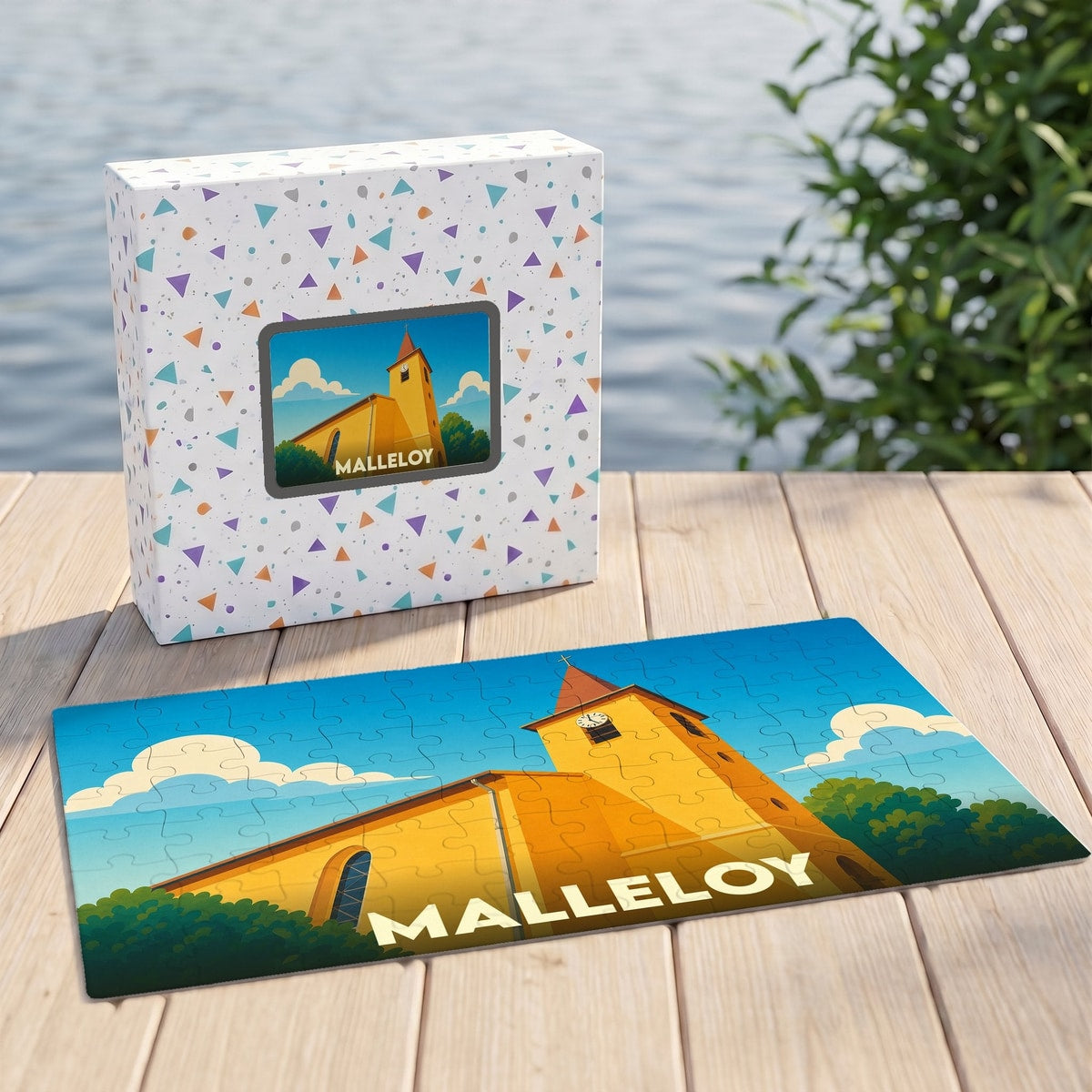 Puzzle souvenir de la ville de Malleloy représentant son église avec une illustration colorée et stylisée.