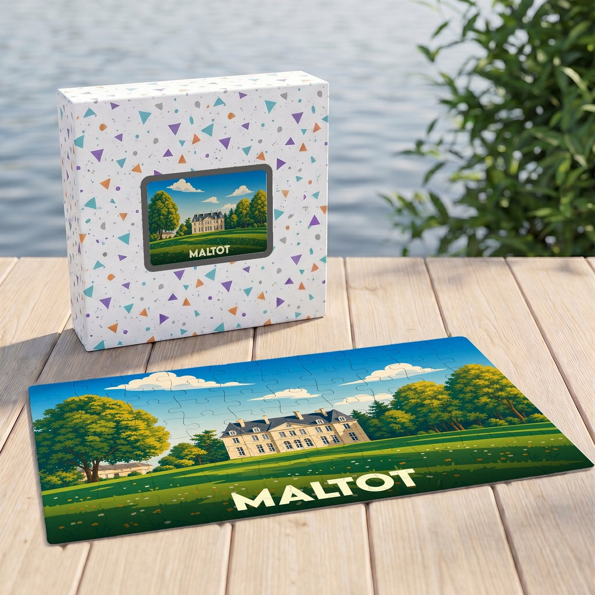 Puzzle souvenir de la ville de Maltot avec une illustration stylisée d'un château dans un parc verdoyant.