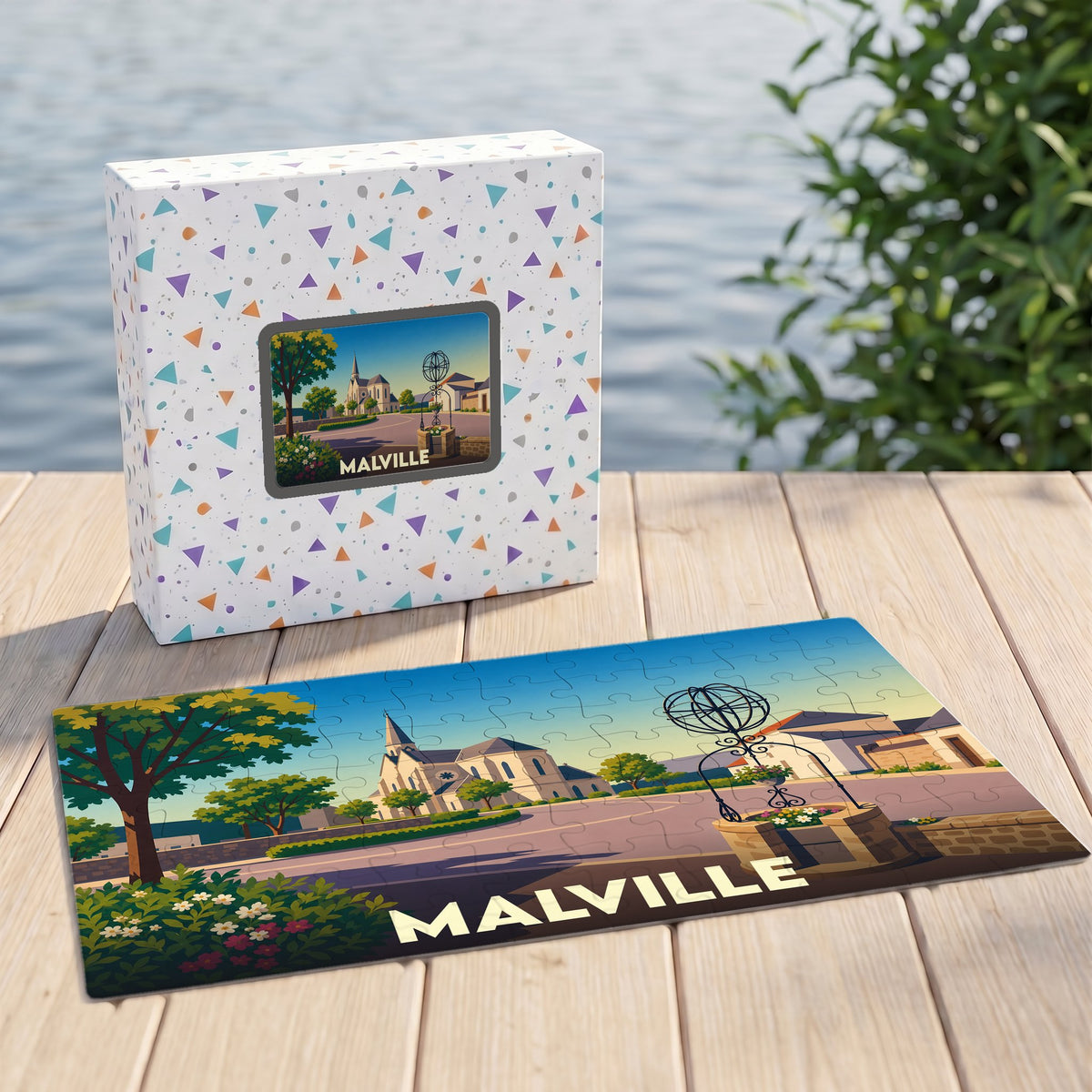 Puzzle souvenir de la ville de Malville présentant une illustration stylisée et colorée de son centre-ville.