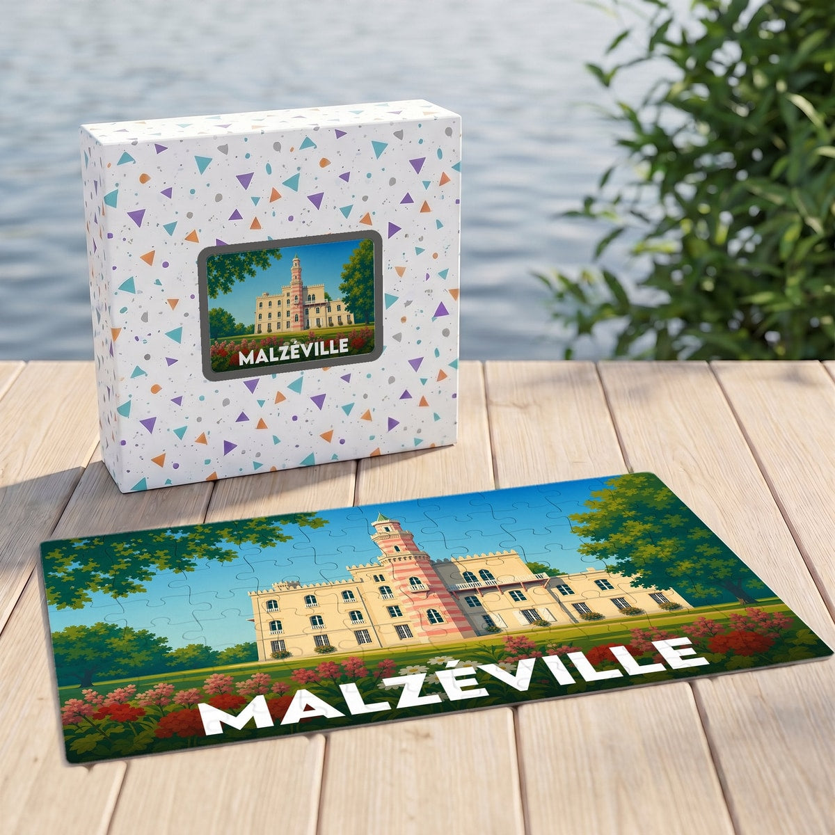 Puzzle souvenir de la ville de Malzéville avec une illustration stylisée de son château.