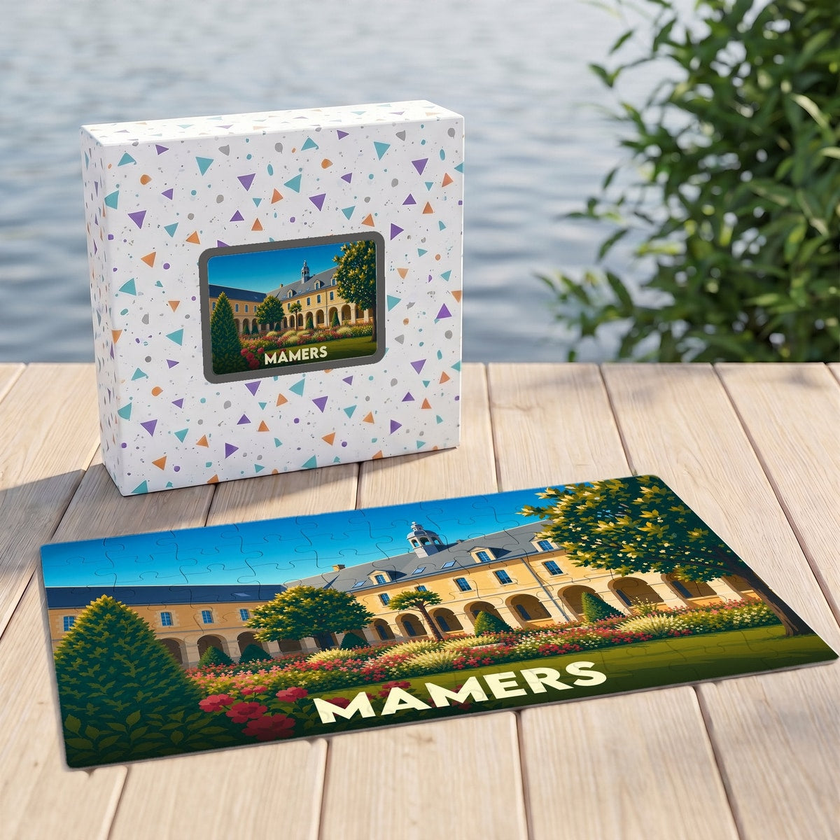 Puzzle souvenir de la ville de Mamers avec une illustration stylisée d'un bâtiment historique et de ses jardins.