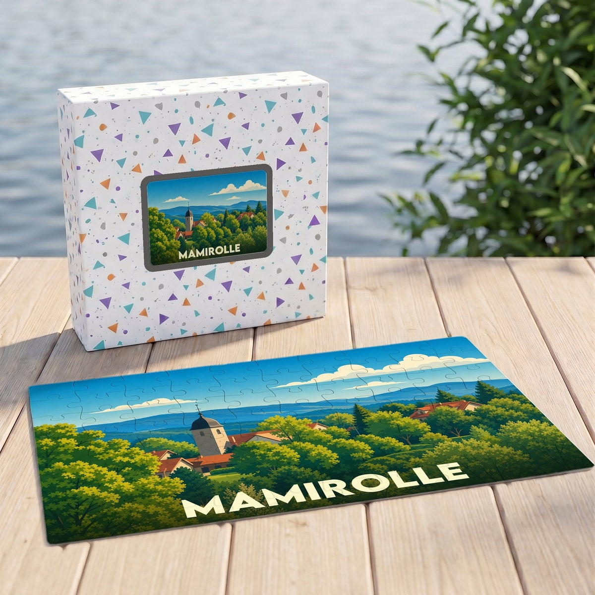 Puzzle souvenir de la ville de Mamirolle avec une illustration stylisée de son paysage et de son église.