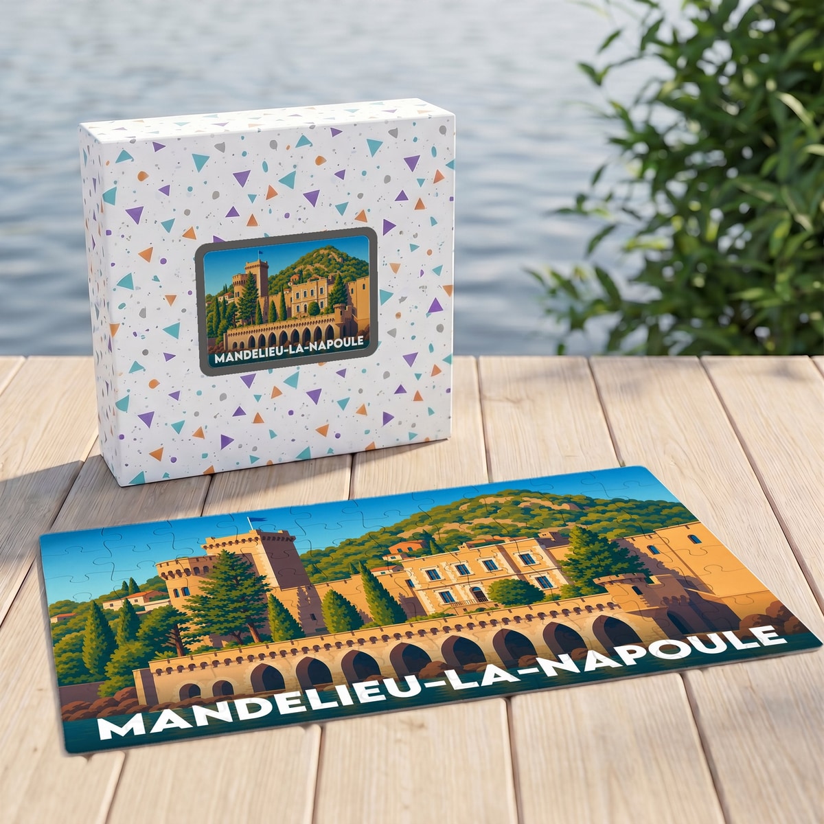 Puzzle souvenir de la ville de Mandelieu-la-Napoule avec une illustration stylisée de son château en bord de mer.