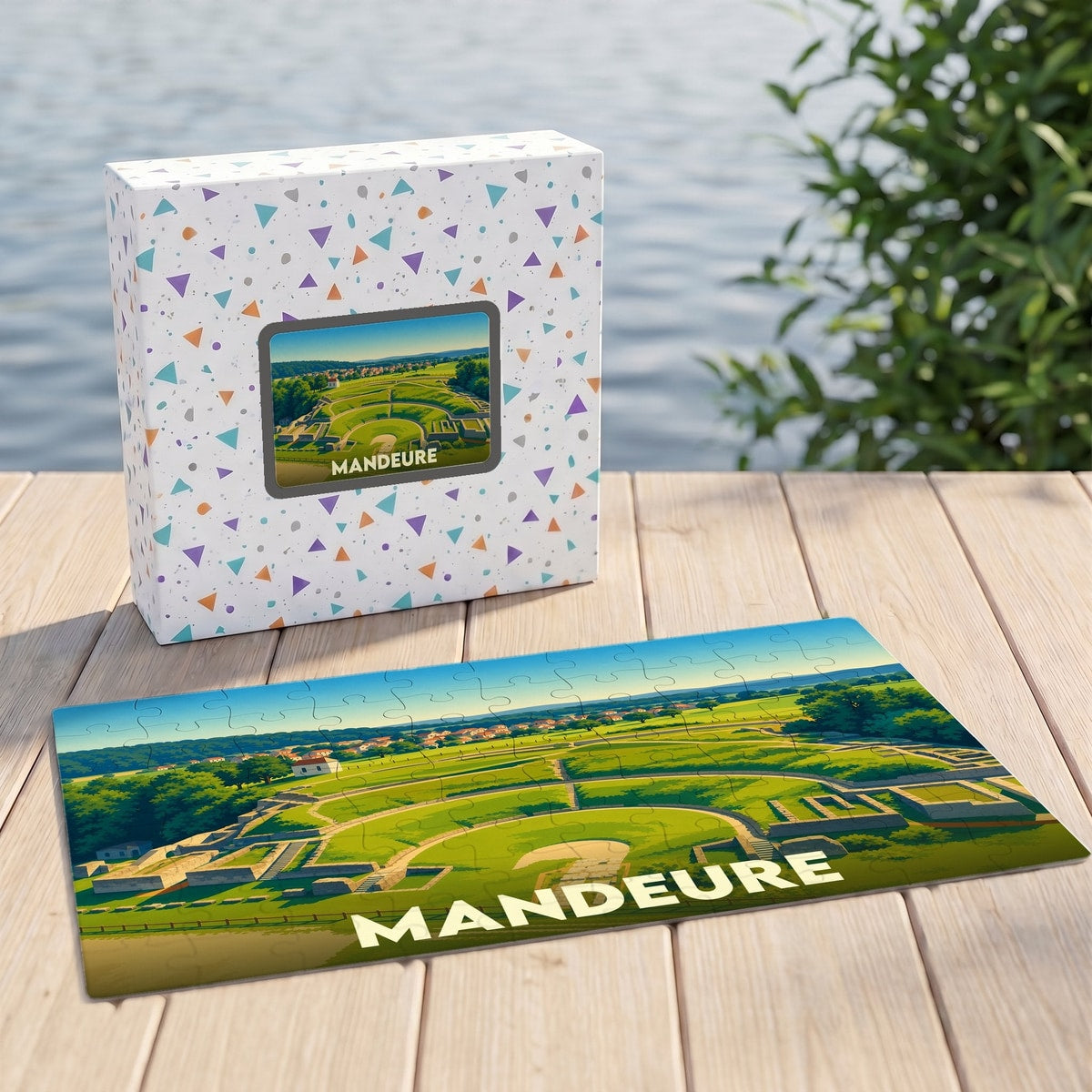Puzzle souvenir de la ville de Mandeure avec une illustration stylisée de son théâtre antique.