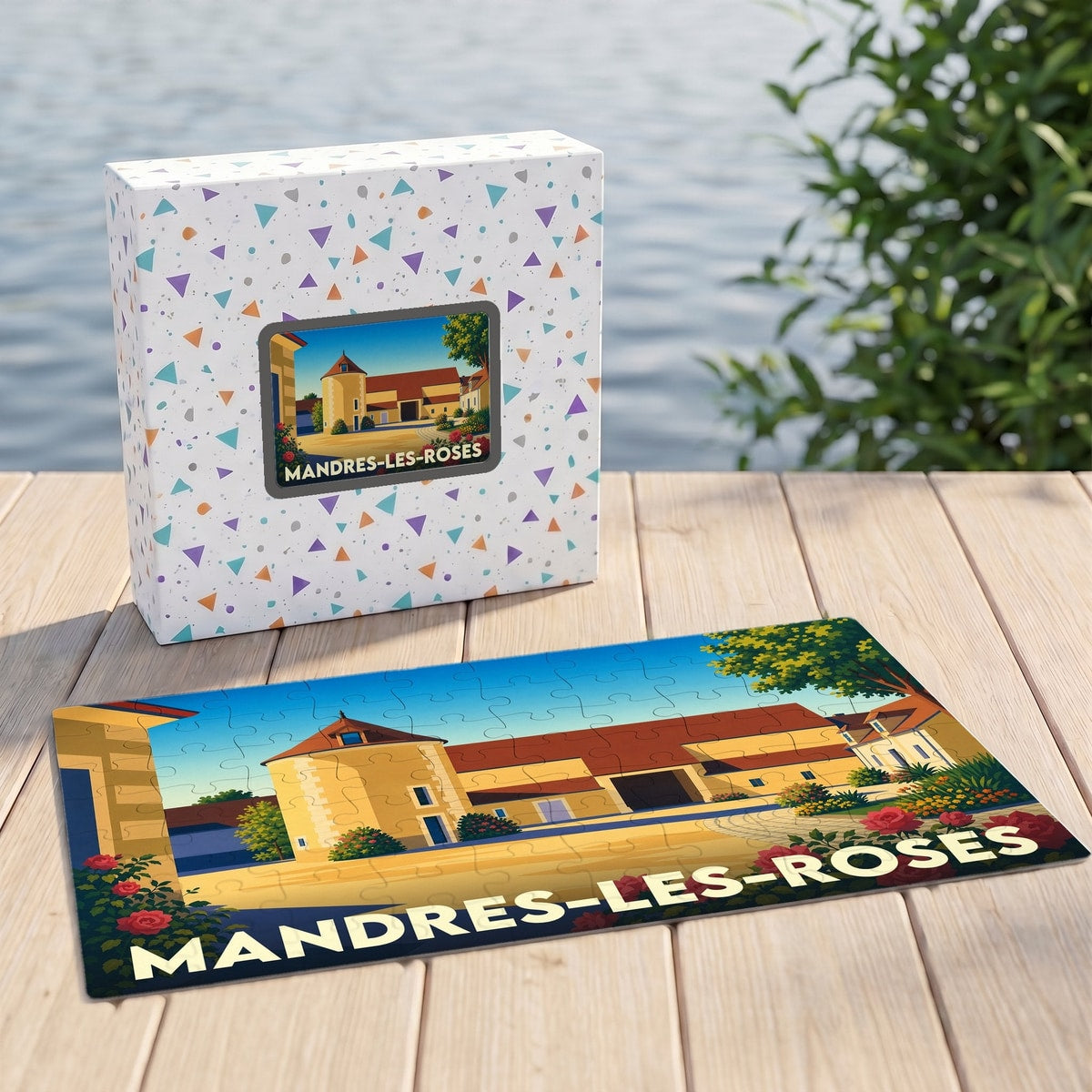 Puzzle souvenir de la ville de Mandres-les-Roses avec une illustration stylisée et colorée.