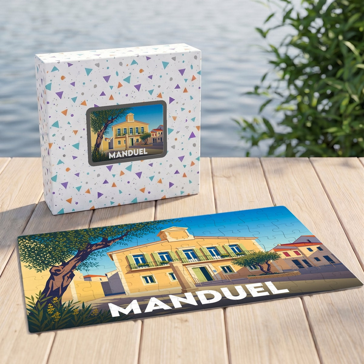 Puzzle souvenir de la ville de Manduel présentant une illustration colorée d'un bâtiment typique.