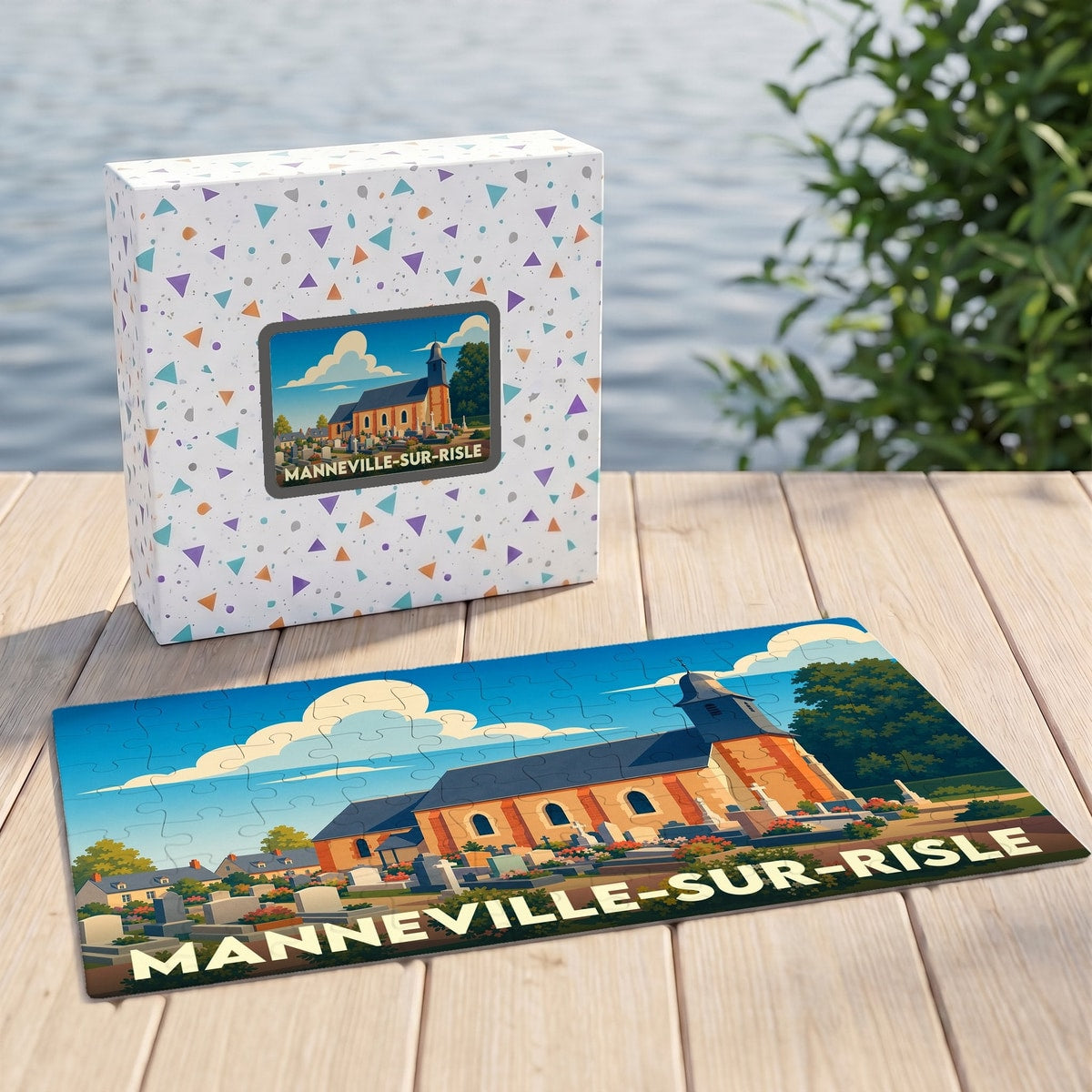 Puzzle souvenir de la ville de Manneville-sur-Risle avec une illustration stylisée d'une église.