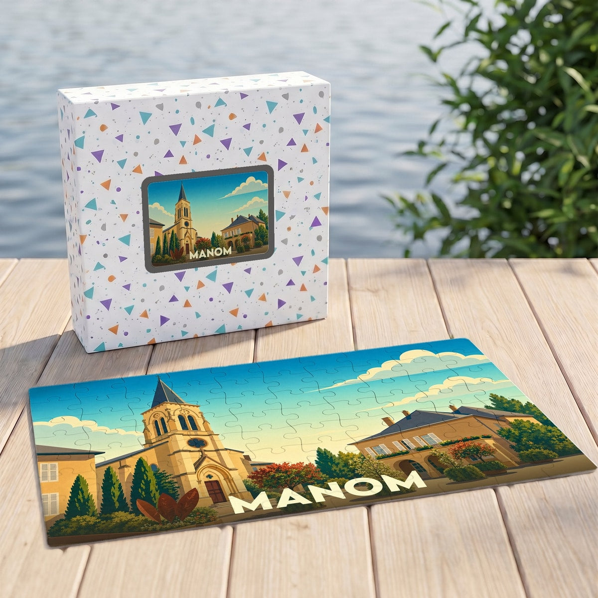 Puzzle souvenir de la ville de Manom avec une illustration stylisée d'une église et de maisons.