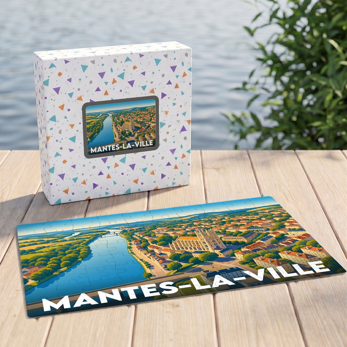 Puzzle souvenir de la ville de Mantes-la-Ville avec une illustration panoramique stylisée.