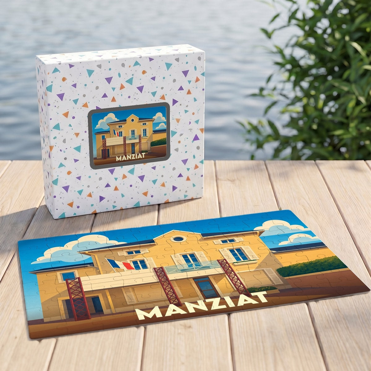 Puzzle souvenir de la ville de Manziat avec une illustration stylisée de sa mairie.
