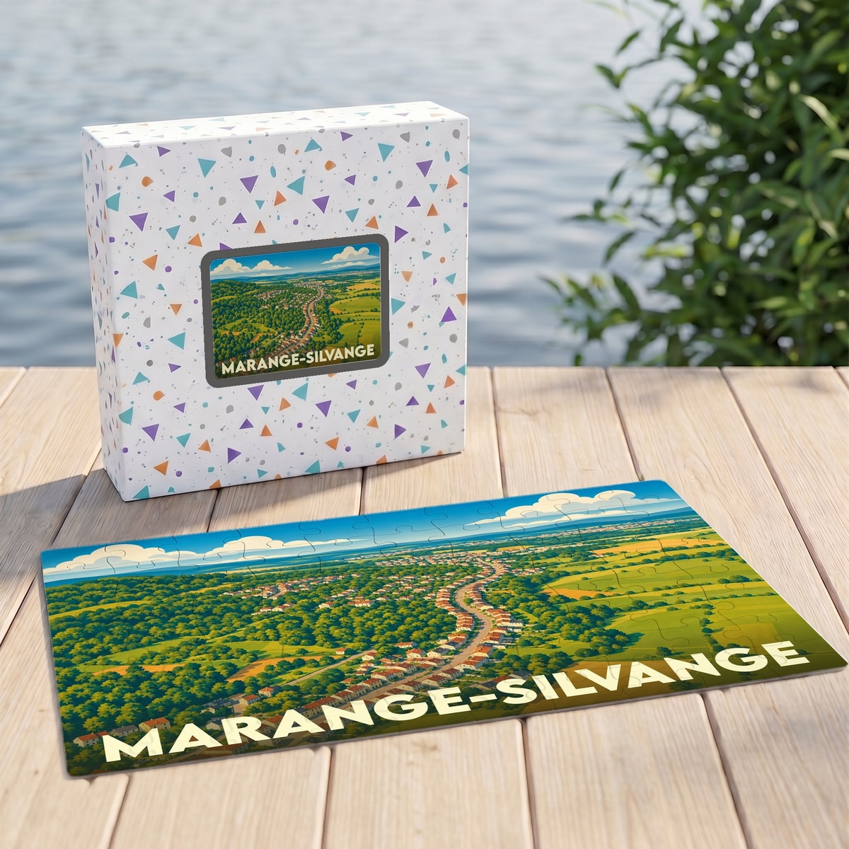 Puzzle souvenir de la ville de Marange-Silvange avec une illustration paysagère stylisée.