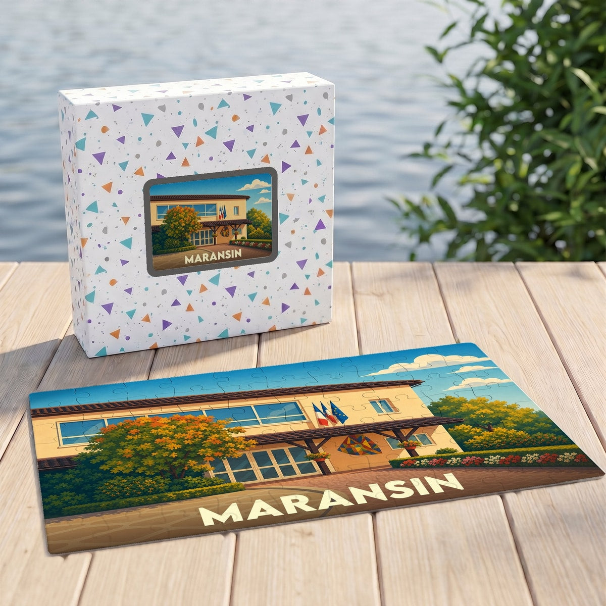 Puzzle souvenir de la ville de Maransin avec une illustration stylisée d'un bâtiment arboré.