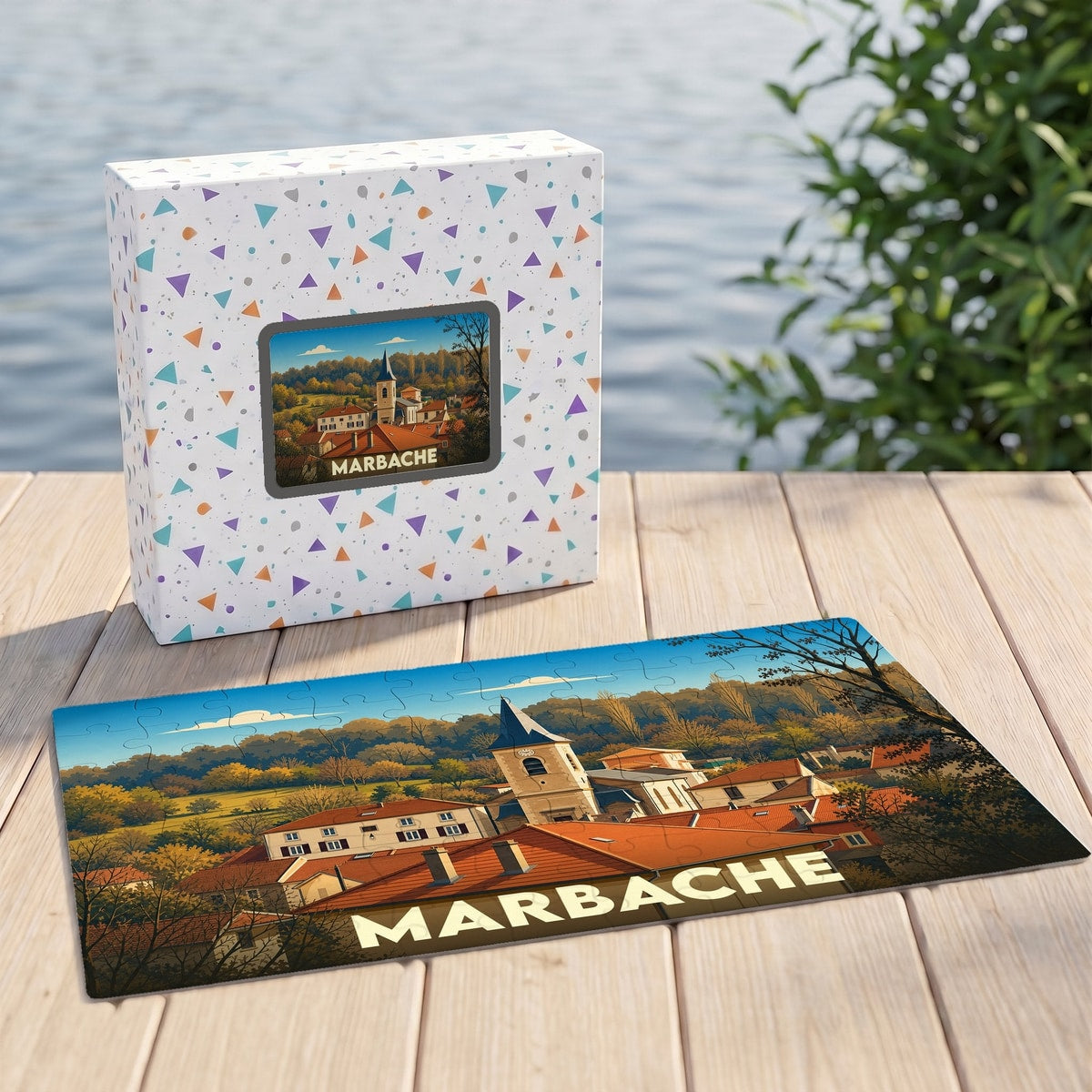 Puzzle souvenir de la ville de Marbache avec une illustration stylisée.