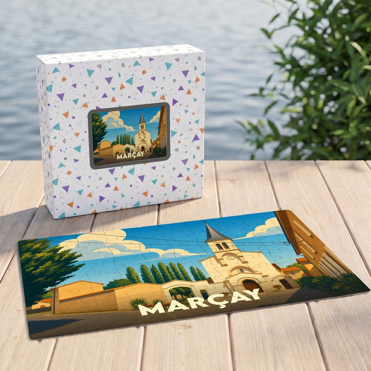 Puzzle souvenir de la ville de Marçay présentant une illustration stylisée d'une église sous un ciel bleu.