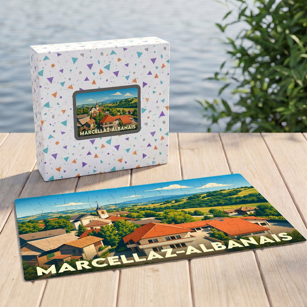 Puzzle souvenir de la commune de Marcellaz-Albanais avec une illustration de son paysage.