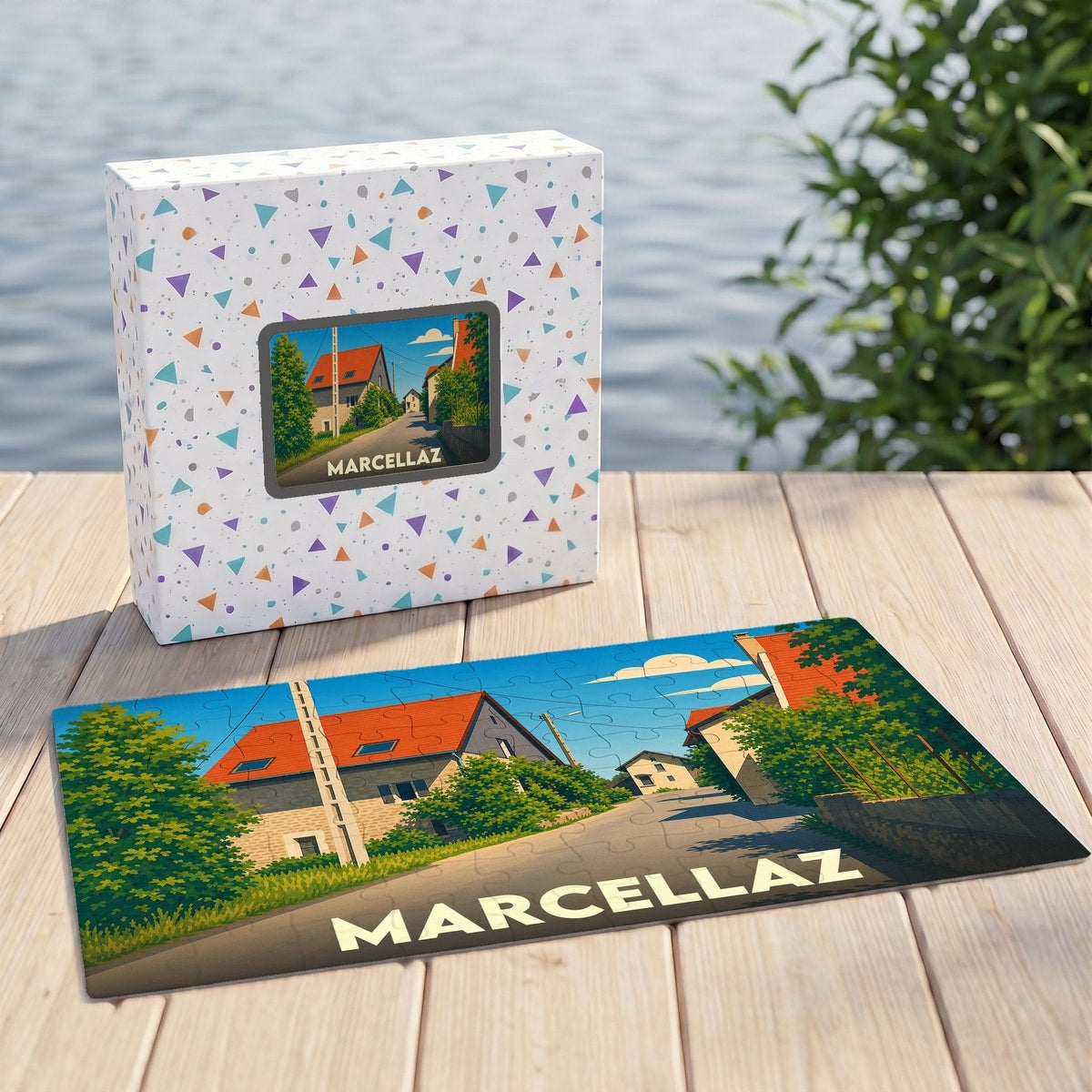Puzzle souvenir de la ville de Marcellaz illustré d'un paysage urbain stylisé.
