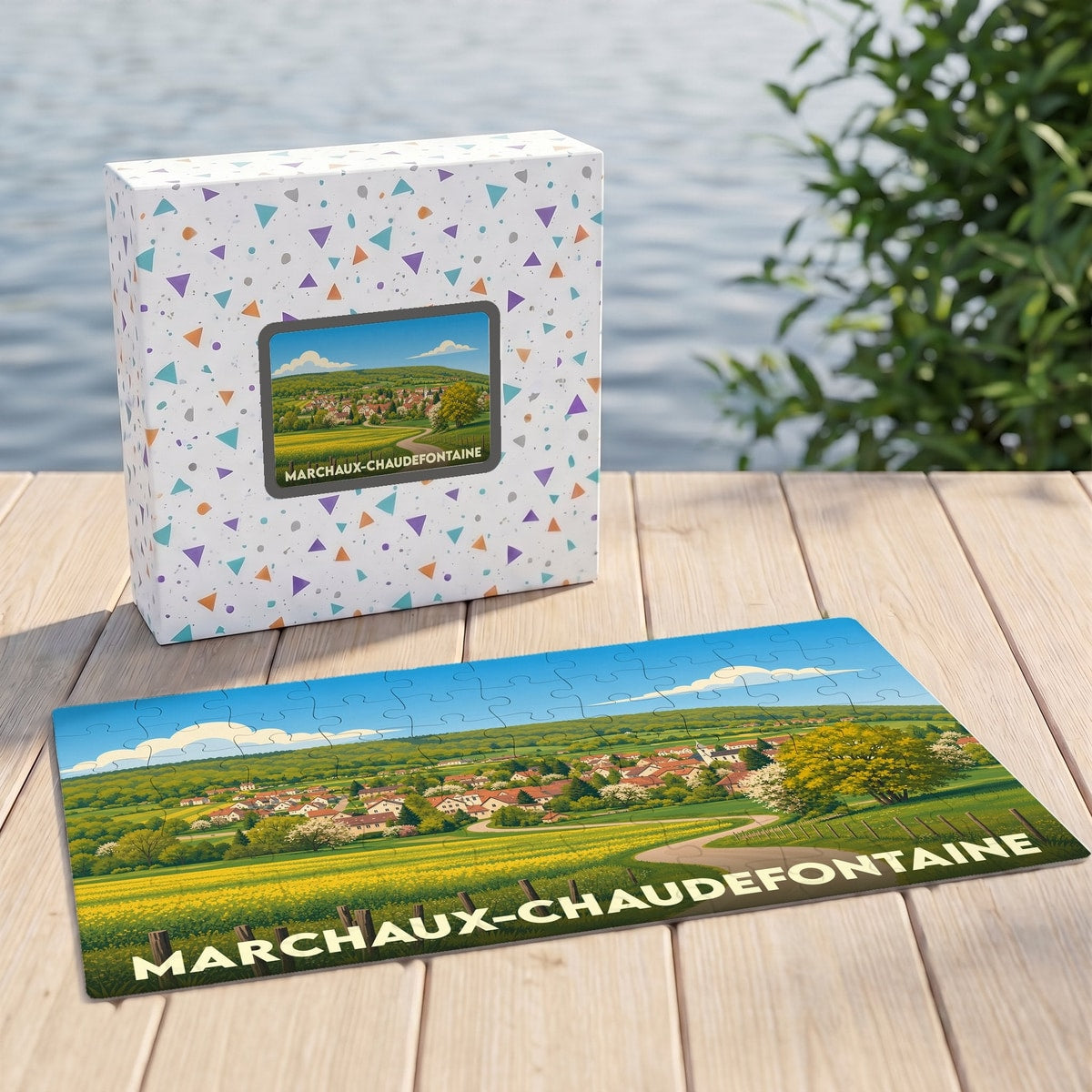 Puzzle souvenir de la commune de Marchaux-Chaudefontaine présentant un paysage champêtre illustré.