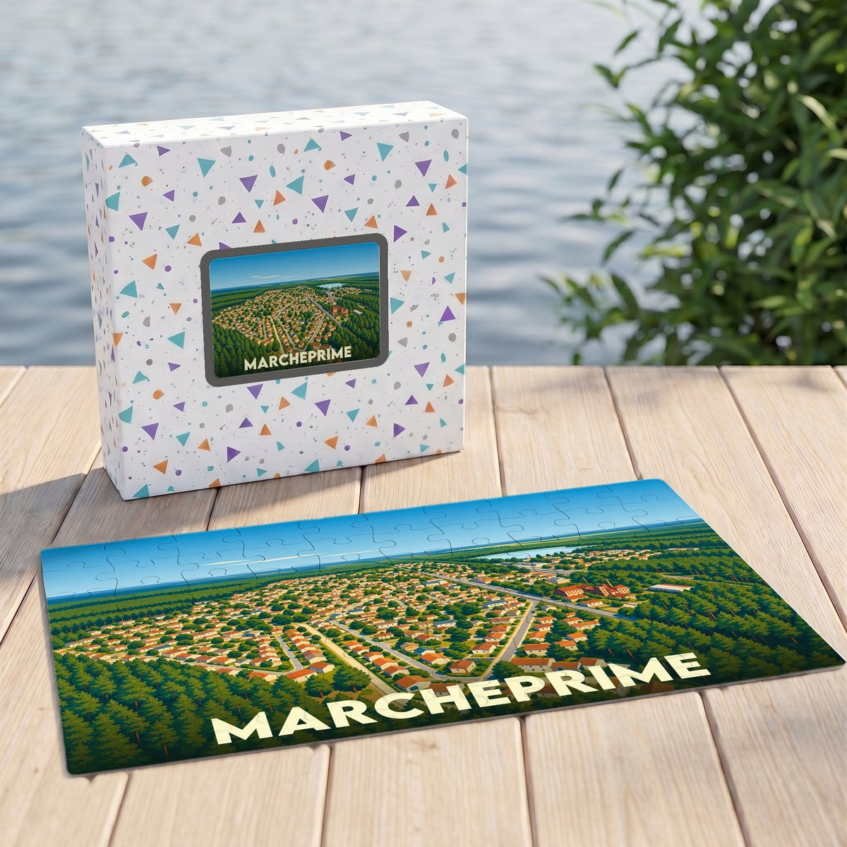 Puzzle souvenir de la ville de Marcheprime avec une illustration aérienne stylisée.