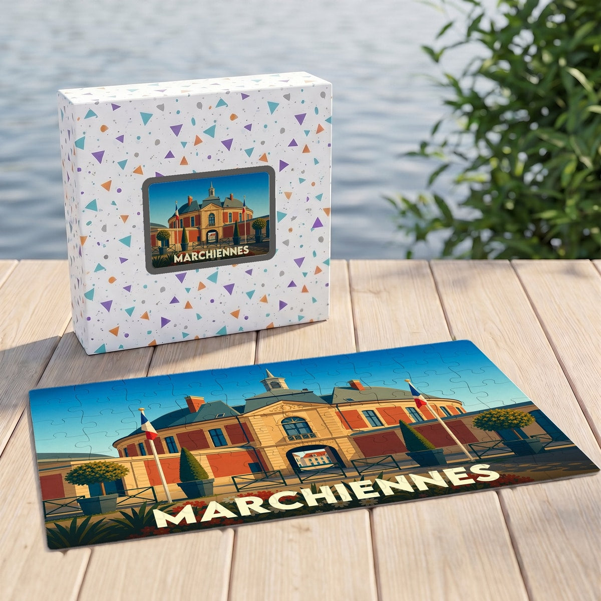 Puzzle souvenir de la ville de Marchiennes illustrant un bâtiment historique dans un style graphique épuré.
