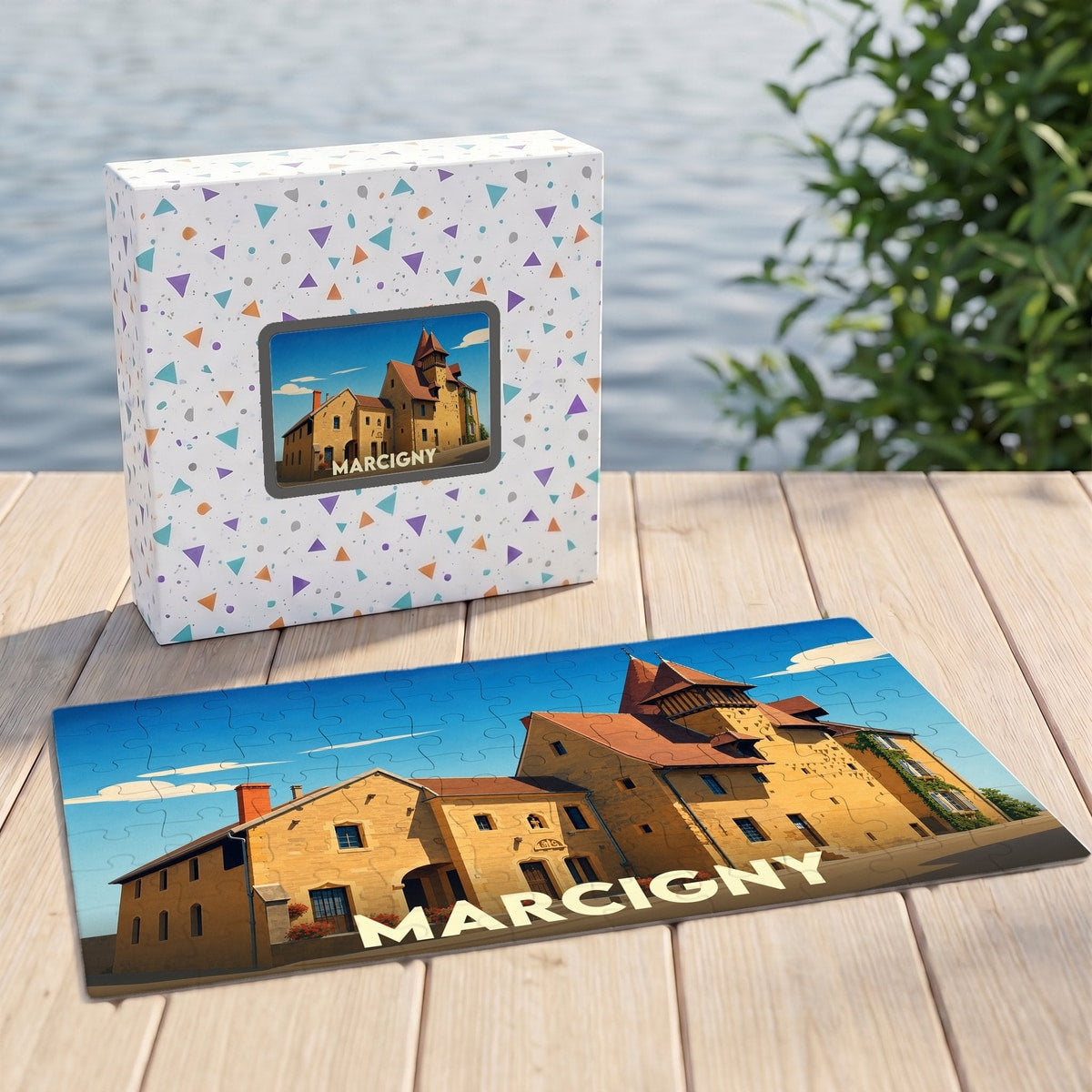 Puzzle souvenir de la ville de Marcigny avec une illustration stylisée des bâtiments locaux.