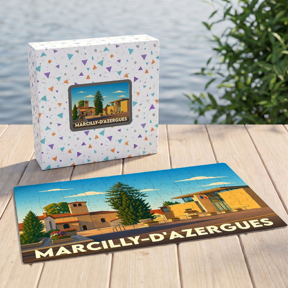 Puzzle souvenir de la ville de Marcilly-d'Azergues avec une illustration stylisée et colorée.