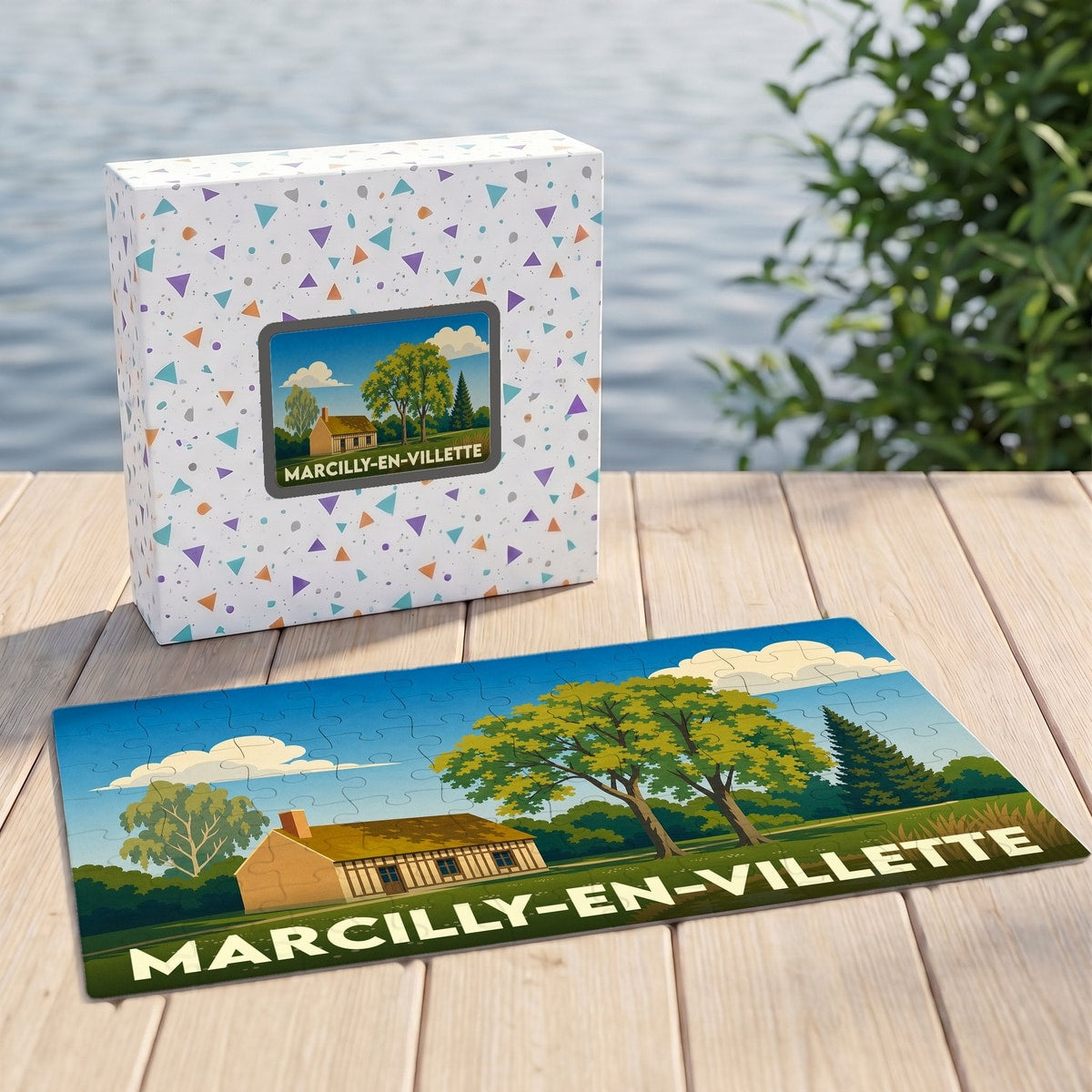Puzzle souvenir de la ville de Marcilly-en-Villette avec une illustration stylisée de paysage champêtre.