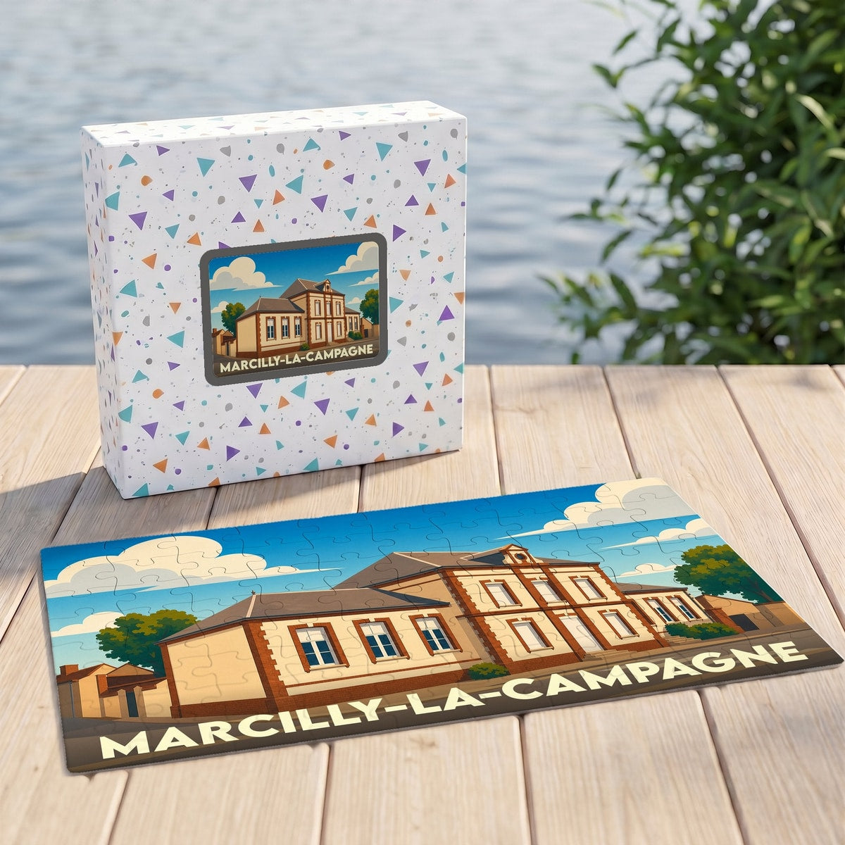 Puzzle souvenir de la ville de Marcilly-la-Campagne avec une illustration stylisée de sa mairie.