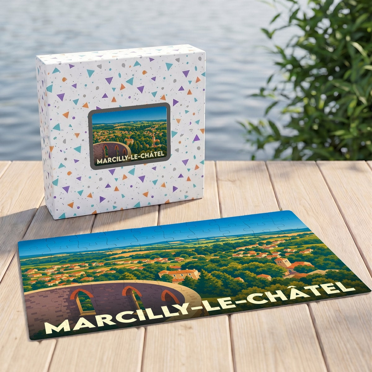 Puzzle souvenir de la ville de Marcilly-le-Châtel avec une illustration panoramique stylisée.