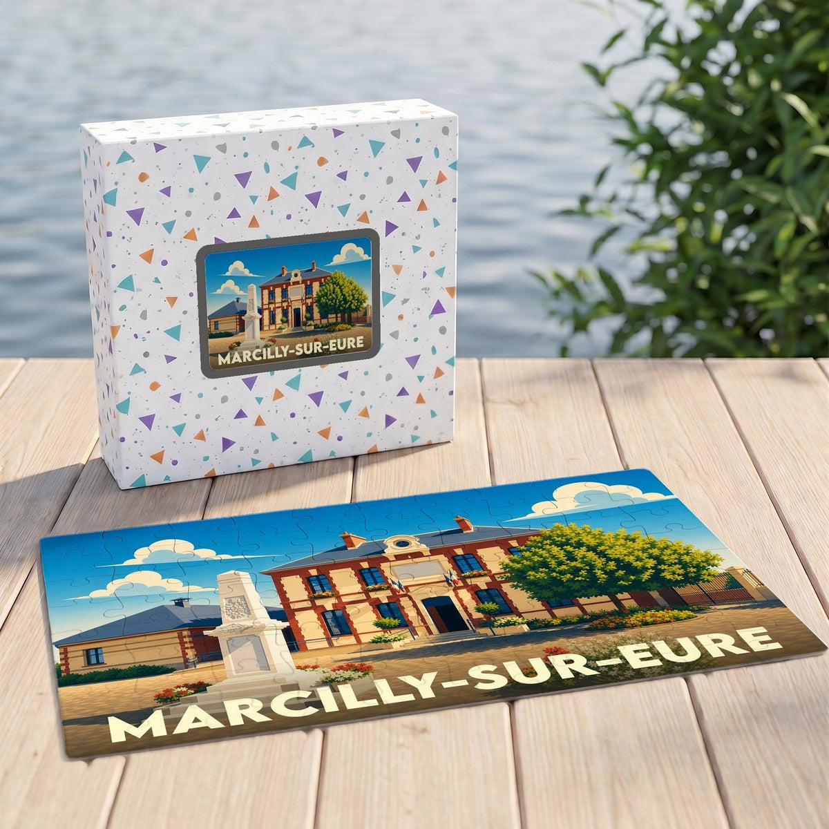 Puzzle souvenir de la ville de Marcilly-sur-Eure avec une illustration stylisée de sa mairie et de son monument.